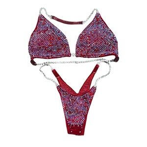 Angel Competition Diamond Pro Multicolor Velvet Red Bikini Set NPC/IFBB
